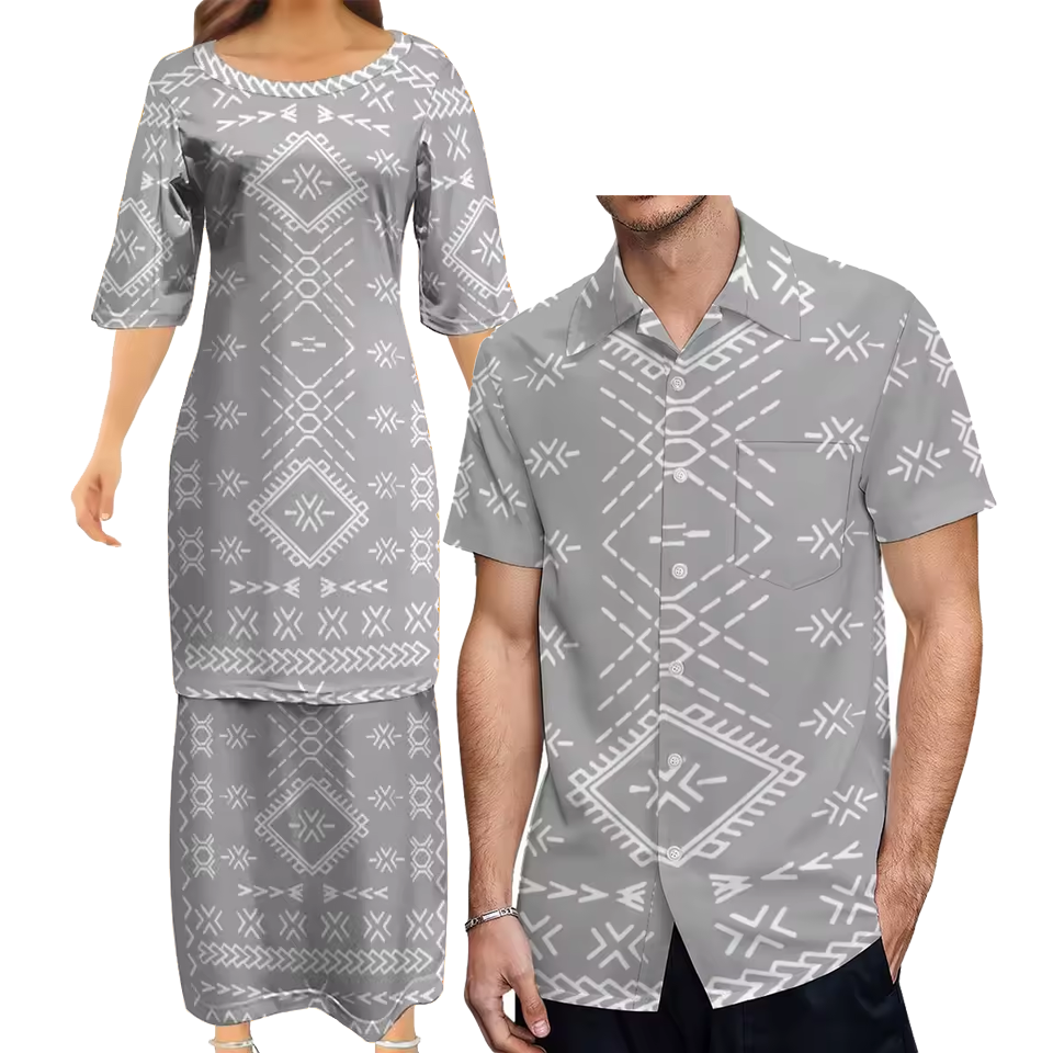 Samoan Grey Puletasi Polynesian Tattoo Pattern Matching Outfit For Couple Women Dresses lady Design Dress Matching Men's Short-Sleeved Shirts Couple Suit