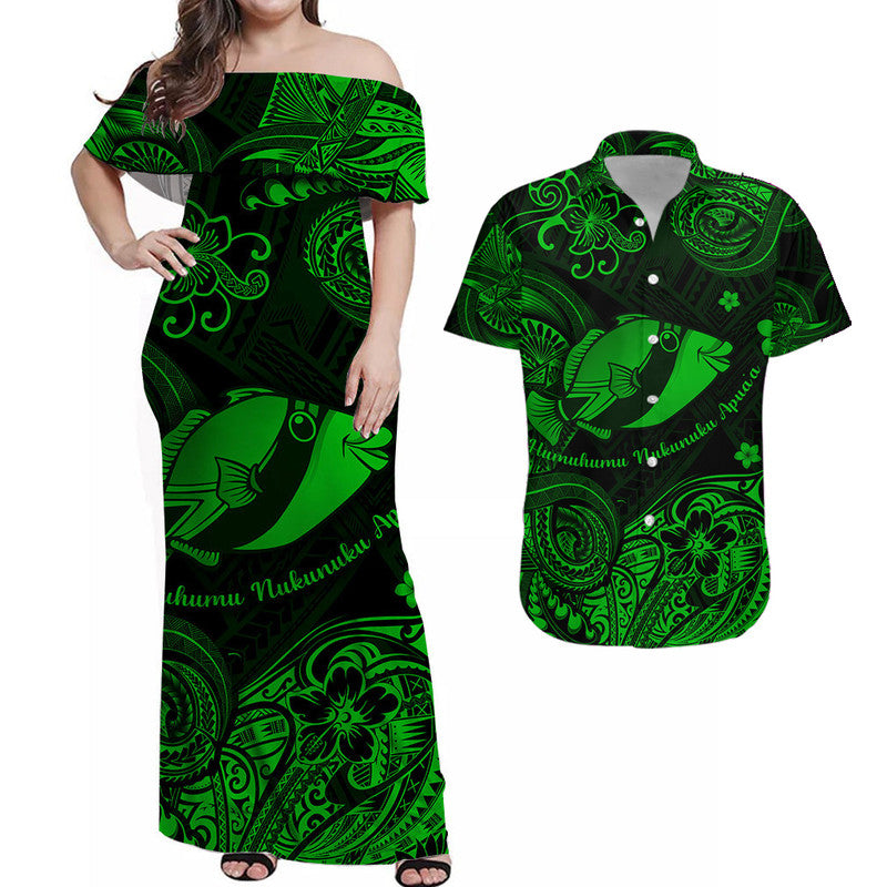 Hawaii State Fish: Humuhumu Nukunuku Apuaa Polynesian Combo Dress and Hawaiian Shirt Matching Couples Outfit Unique Style Green