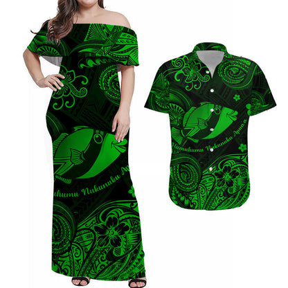 Hawaii State Fish: Humuhumu Nukunuku Apuaa Polynesian Combo Dress and Hawaiian Shirt Matching Couples Outfit Unique Style Green