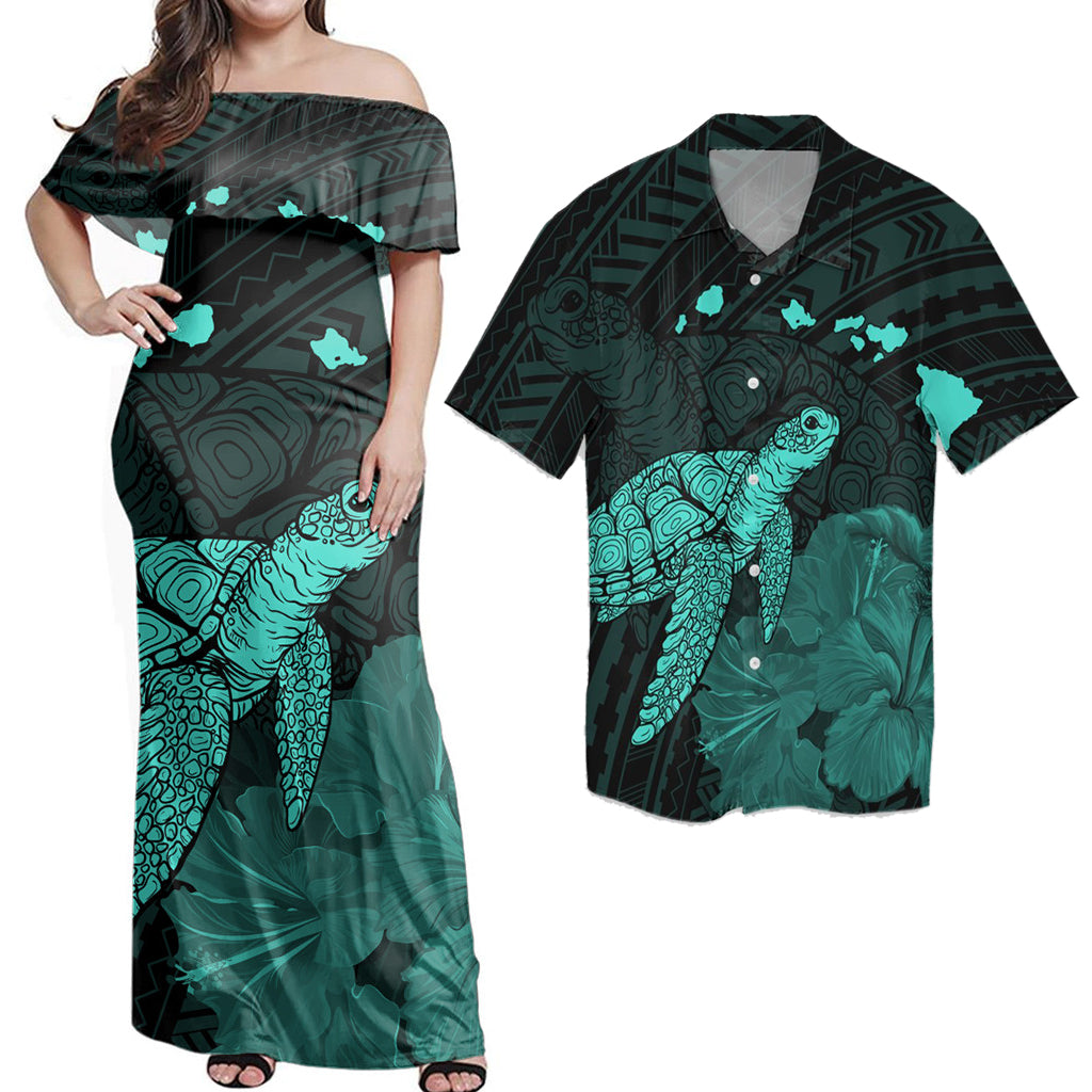 Matching Hawaiian Outfits Combo Dress And Shirt Hawaii Polynesian Hibiscus Turtle Map Turquoise