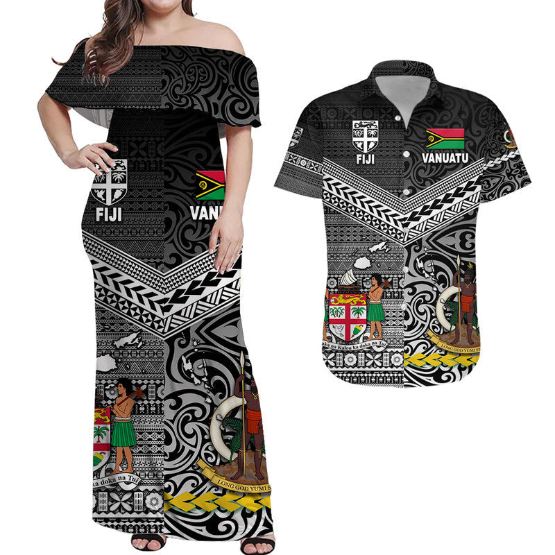 Vanuatu And Fiji Combo Dress and Hawaiian Shirt Matching Couples Outfit Together Black