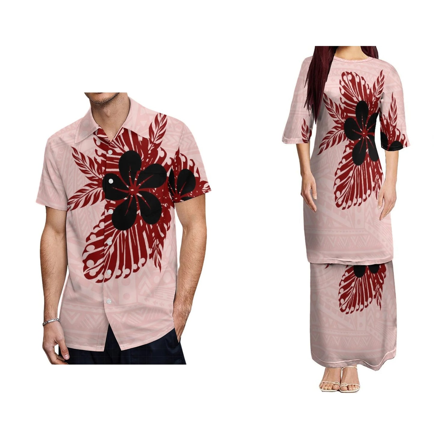 Polynesian Puletasi Dress And Hawaiian Shirt For Him Her Polynesian Floral Pattern Matching Outfit For Couple