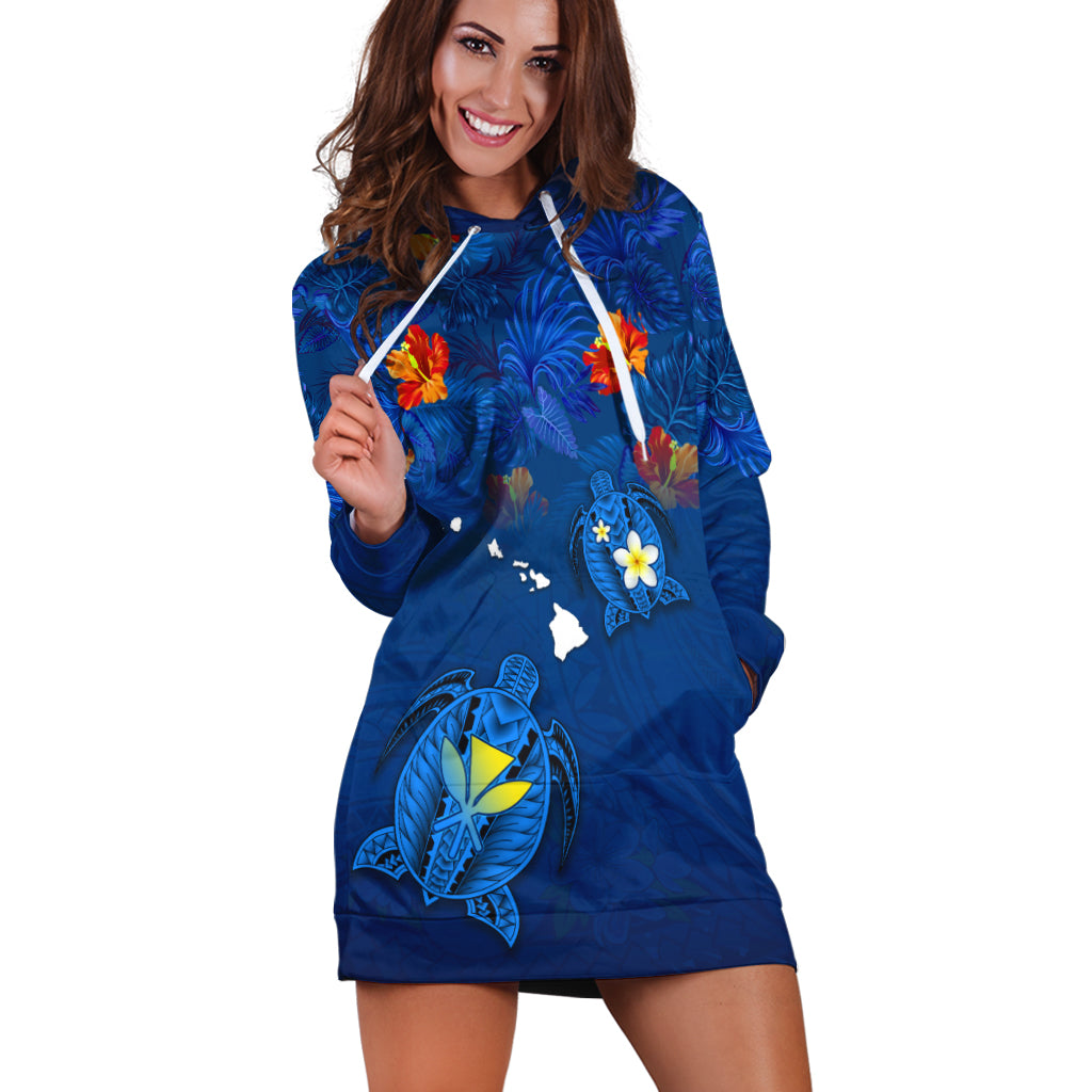 Hawaiian Islands Hoodie Dress Hawaii Tropical Flowers and Turtles Blue