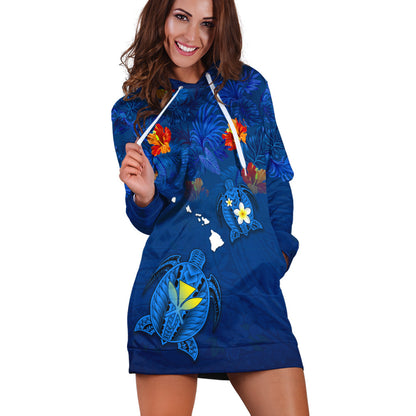 Hawaiian Islands Hoodie Dress Hawaii Tropical Flowers and Turtles Blue