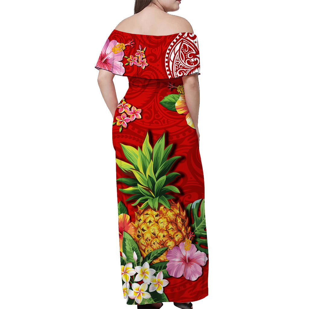 Hawaii Off Shoulder Long Dress Red Polynesia Pineapple