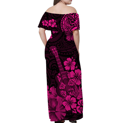 Hawaii Off Shoulder Long Dress Polynesia Pink Ukulele Flowers
