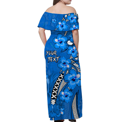 Custom Personalised Hawaii Off Shoulder Long Dress Polynesia Blue Hibiscus and Map Mystical