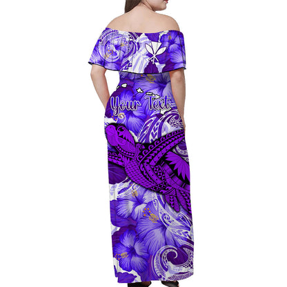 Custom Personalised Hawaii Off Shoulder Long Dress Purple Polynesian Turtle and Hibiscus