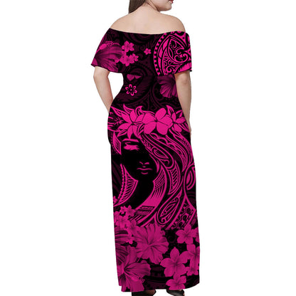 Hawaii Off Shoulder Long Dress Polynesia Pink Attractive Hula Girl