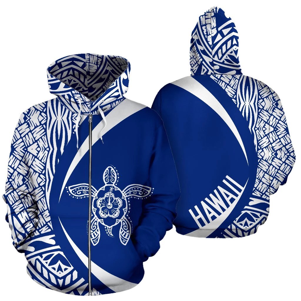 Hawaii Turtle Polynesian Zip Up Hoodie Circle Style White And Blue Color