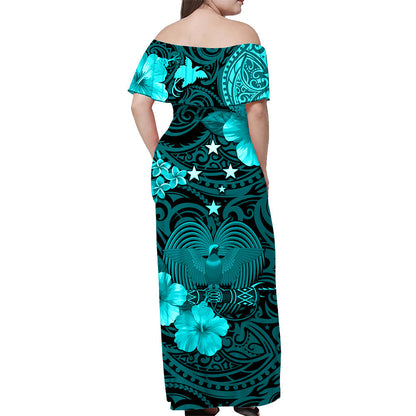 Papua New Guinea Off Shoulder Long Dress Polynesia Raggiana Bird of Paradise Turquoise
