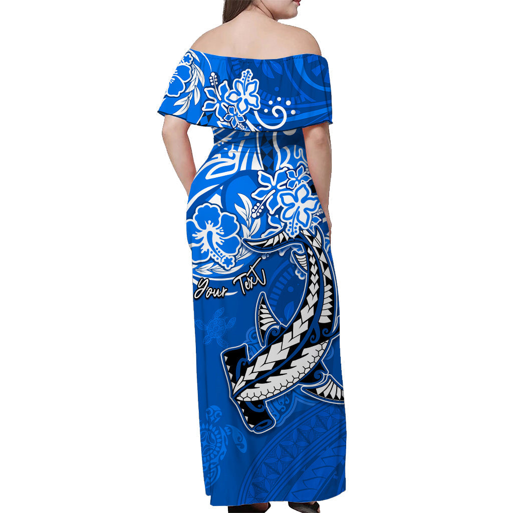 Custom Personalised Hawaii Off Shoulder Long Dress Polynesia Blue Sea Turtle Honu and Hammerhead Shark