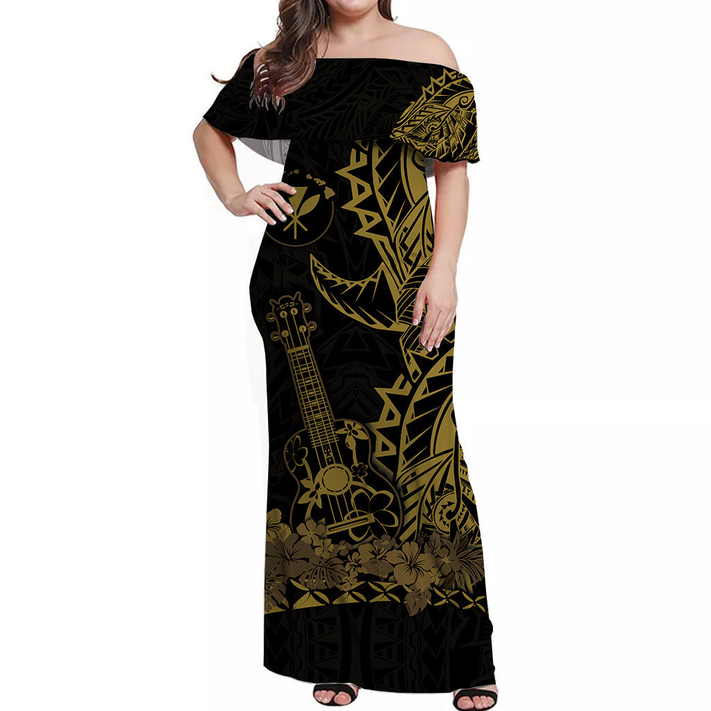 Hawaii Polynesian Off Shoulder Long Dress Ukulele Gold