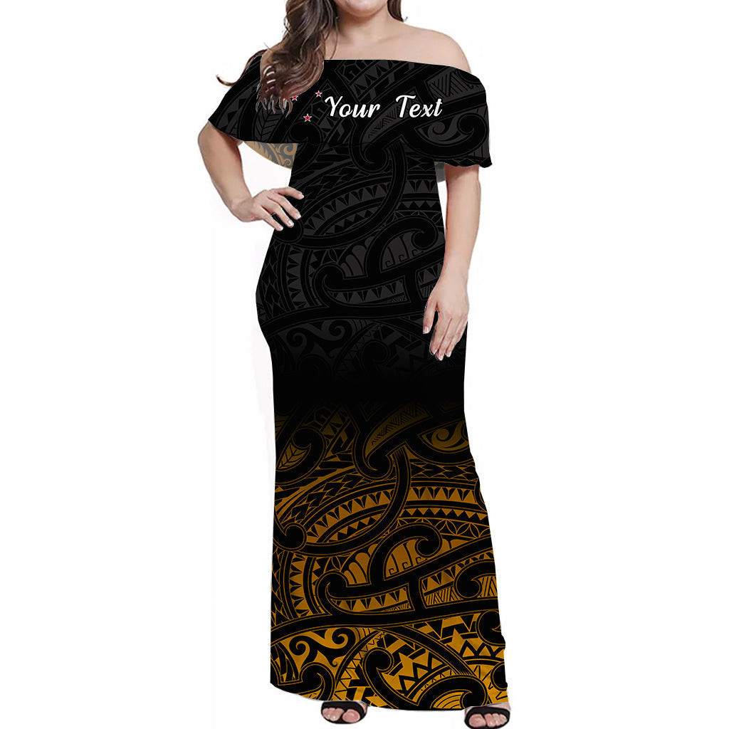 Custom Personalised New Zealand Off Shoulder Long Dress Maori Pattern Gold