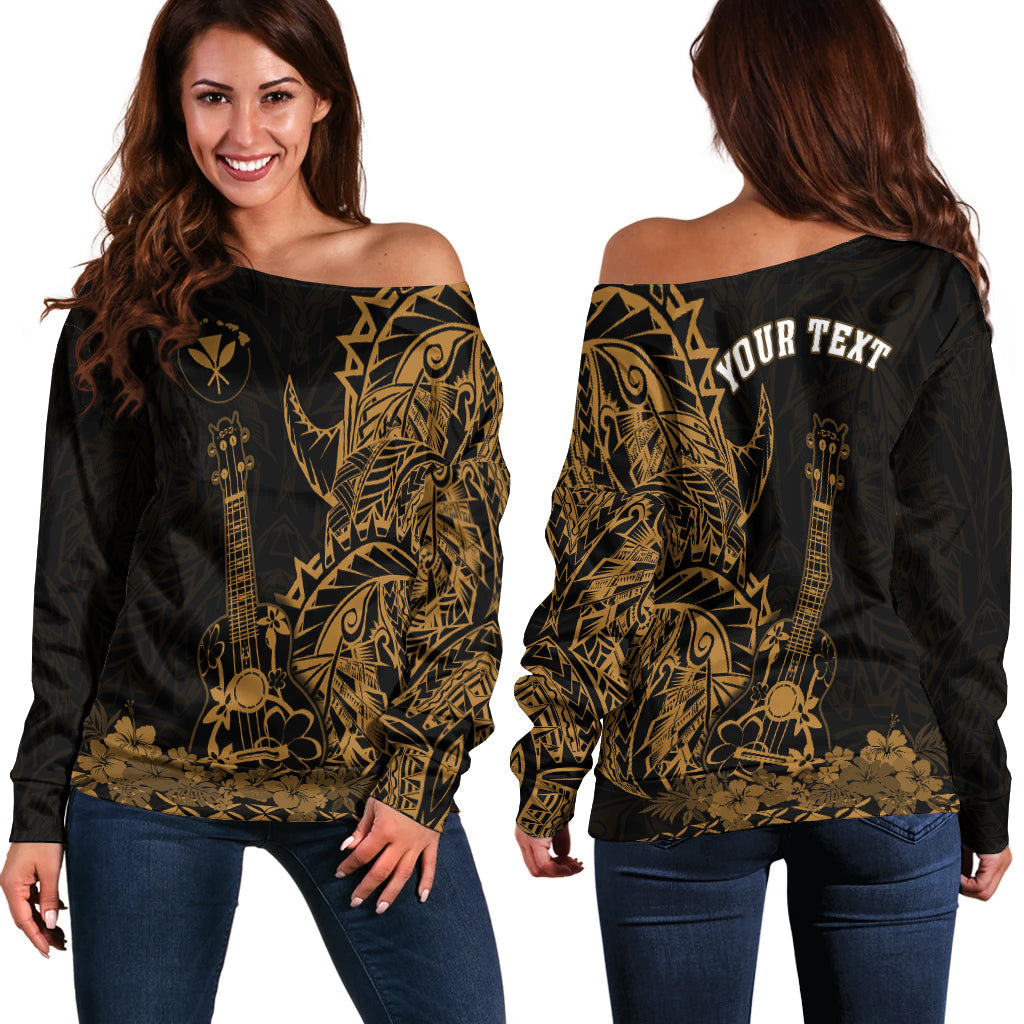 (Custom Personalised) Hawaii Polynesian Off Shoulder Sweater Ukulele Gold