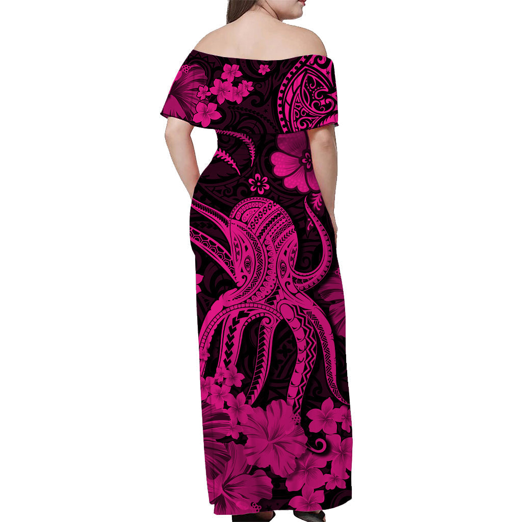Hawaii Off Shoulder Long Dress Polynesia Pink Octopus