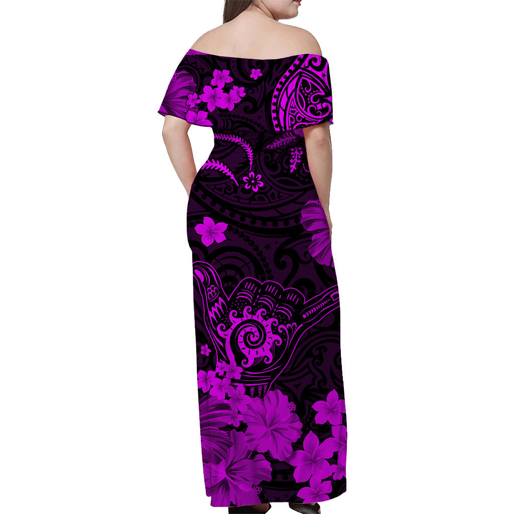Hawaii Off Shoulder Long Dress Polynesia Purple Cool Shaka Sign