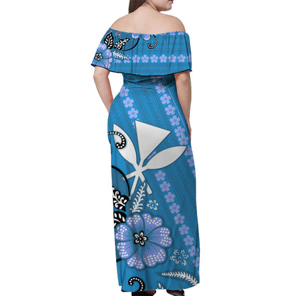 Hawaii Off Shoulder Long Dress Kakau Tribal Blue Batik Floral Ver.01