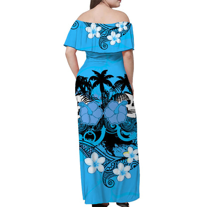 Hawaii Skull Off Shoulder Long Dress Mysterious Polynesia and Blue Flowers