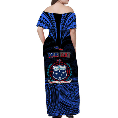 Custom Personalised Samoa Tatau Off Shoulder Long Dress Blue Polynesian Proud Samoan