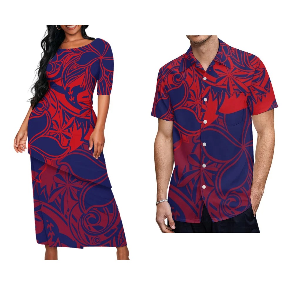 Plumeria Flowers Polynesian Pattern Matching Outfit For Couple Polynesian Tropical Puletasi Dress Two-Piece Suit With Men's Shirt