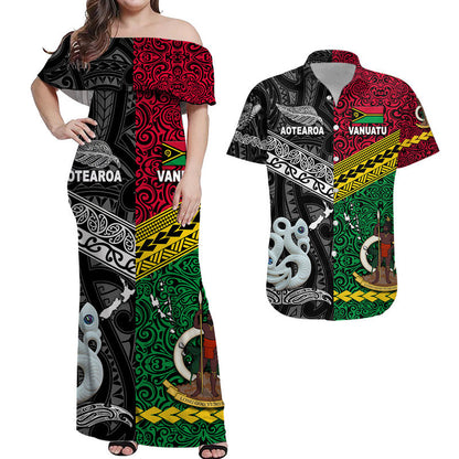 Vanuatu And New Zealand Combo Dress and Hawaiian Shirt Matching Couples Outfit Together Black