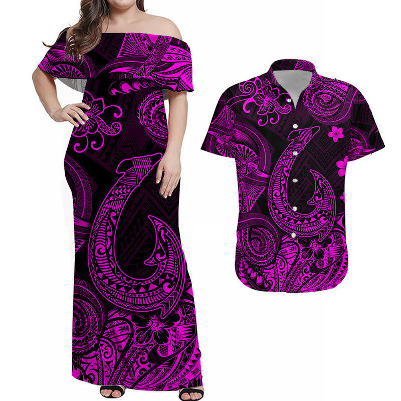 Hawaii Fish Hook Polynesian Combo Dress and Hawaiian Shirt Matching Couples Outfit Unique Style Pink