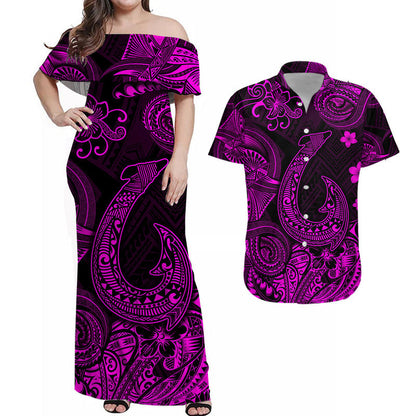 Hawaii Fish Hook Polynesian Combo Dress and Hawaiian Shirt Matching Couples Outfit Unique Style Pink