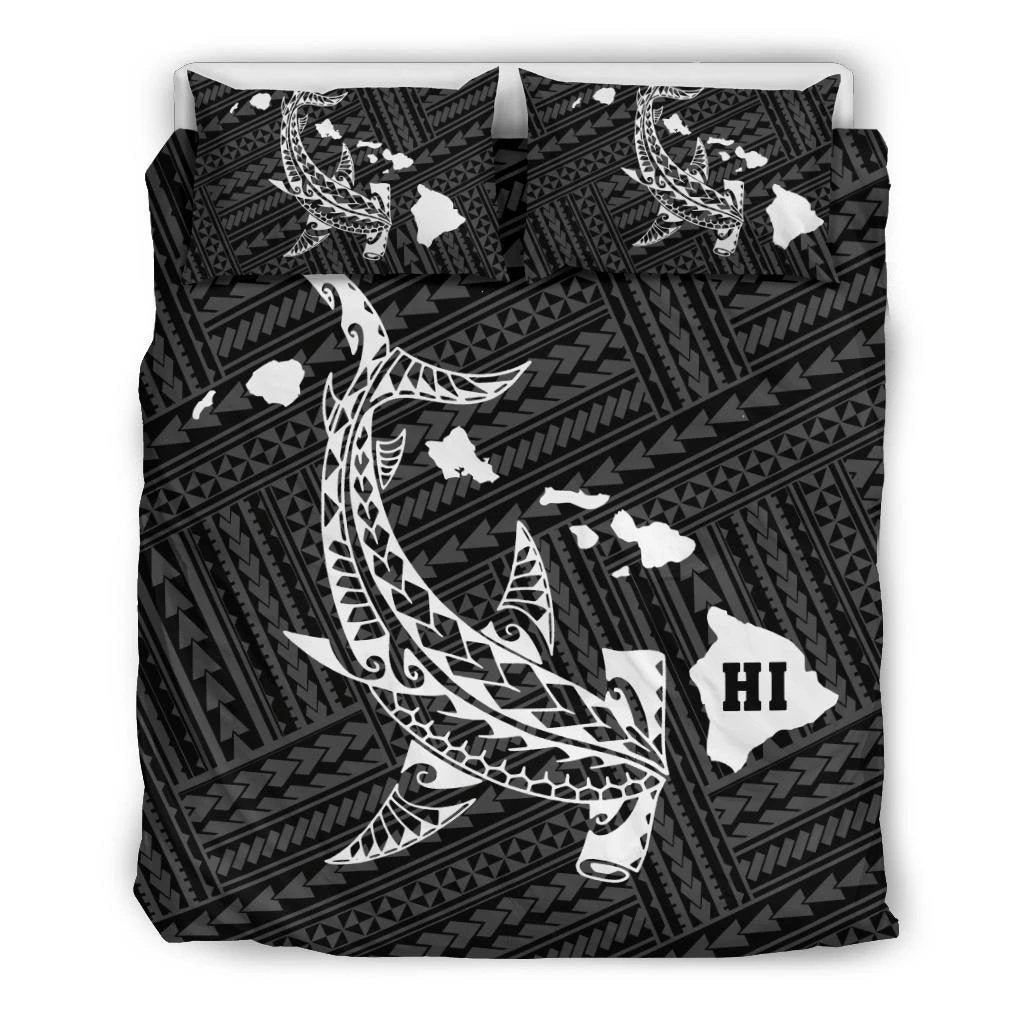 Hawaiian Map Hamerhead Shark Polynesian White Bedding Set