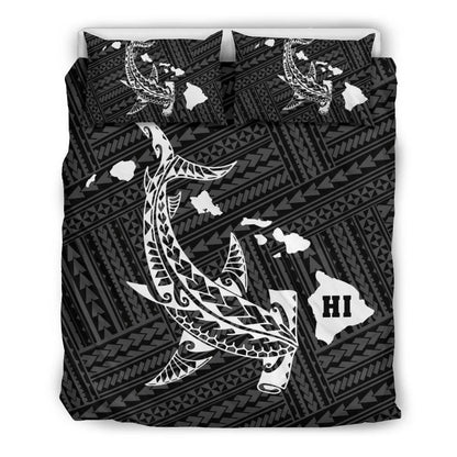 Hawaiian Map Hamerhead Shark Polynesian White Bedding Set