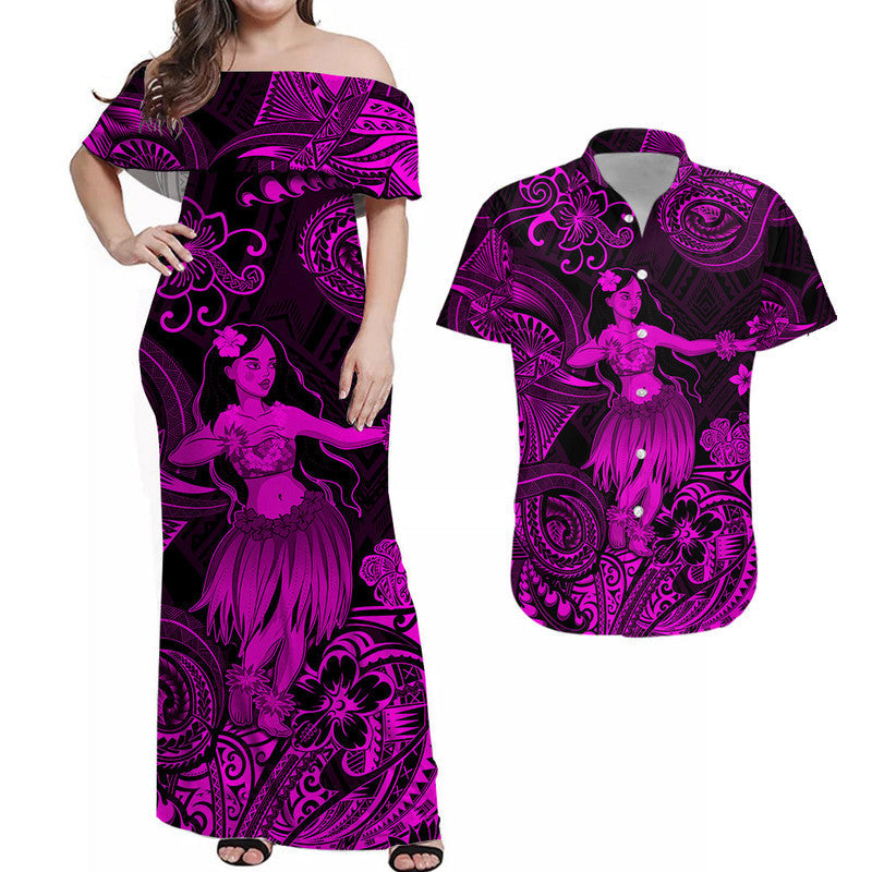Hawaii Hula Girl Polynesian Combo Dress and Hawaiian Shirt Matching Couples Outfit Unique Style Pink