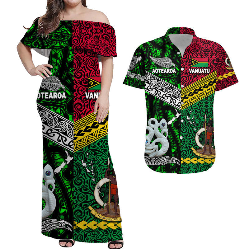 Vanuatu And New Zealand Combo Dress and Hawaiian Shirt Matching Couples Outfit Together Green