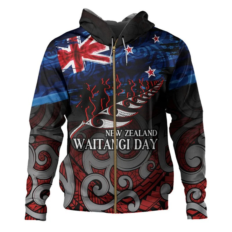 New Zealand Flag Hoodie NZ Silver Fern Waitangi Day Unisex Zip Hoodie