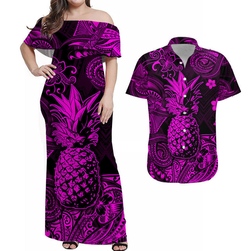 Matching Hawaiian Outfits Hawaii Pineapple Polynesian Combo Dress and Hawaiian Shirt Matching Couples Outfit Unique Style Pink