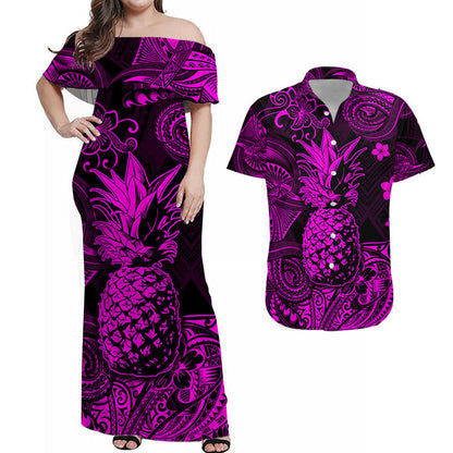 Matching Hawaiian Outfits Hawaii Pineapple Polynesian Combo Dress and Hawaiian Shirt Matching Couples Outfit Unique Style Pink