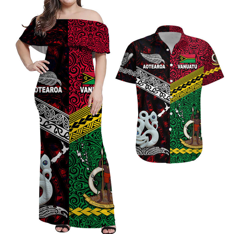 Vanuatu And New Zealand Combo Dress and Hawaiian Shirt Matching Couples Outfit Together Red