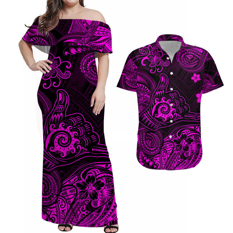 Hawaii Shaka Polynesian Combo Dress and Hawaiian Shirt Matching Couples Outfit Unique Style Pink