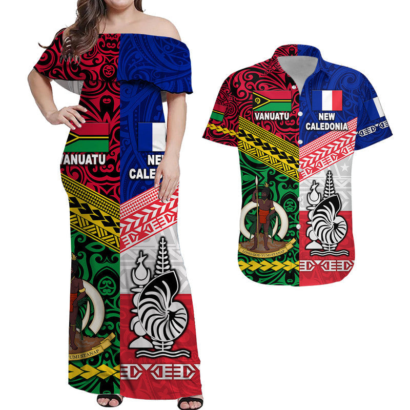 Vanuatu And New Caledonia Flag Style Combo Dress and Hawaiian Shirt Matching Couples Outfit Together