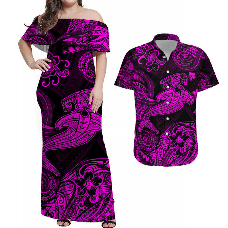 Hawaii Hammer Shark Polynesian Combo Dress and Hawaiian Shirt Matching Couples Outfit Unique Style Pink