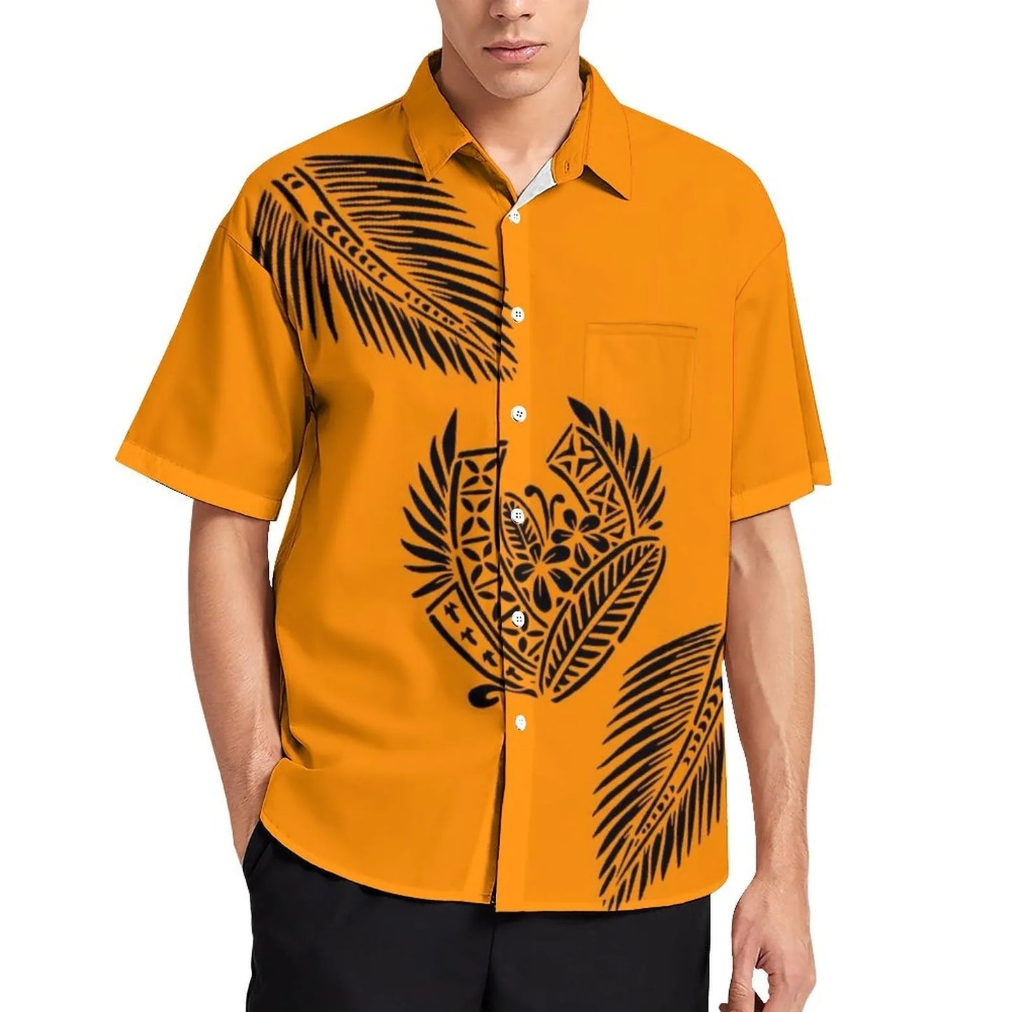 Orange Tropical Polynesian Traditional Tribal Couple Set Puletasi Dress Two-Piece Suit With Men's Shirt Blue Matching Outfit For Couple
