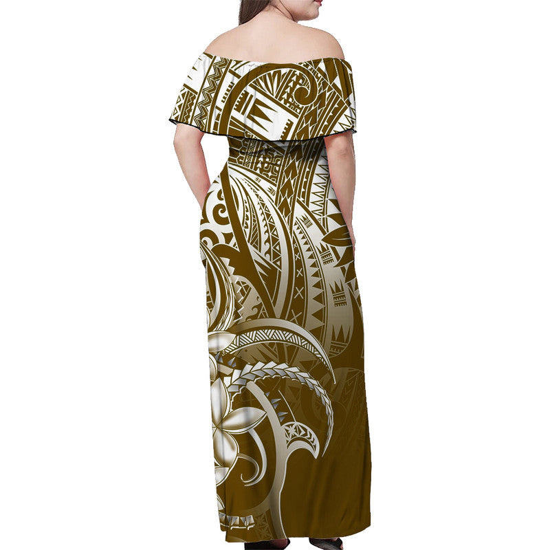 Polynesian Pride Off Shoulder Long Dress Polynesia Tribal Royal Brown