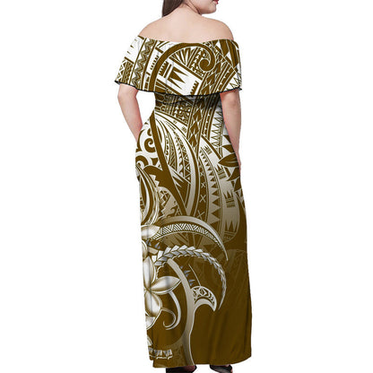 Polynesian Pride Off Shoulder Long Dress Polynesia Tribal Royal Brown