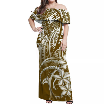 Polynesian Pride Off Shoulder Long Dress Polynesia Tribal Royal Brown