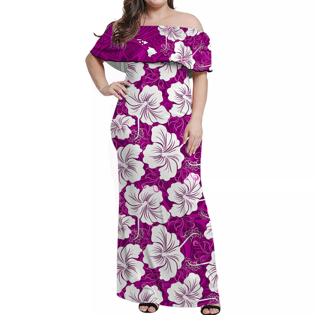 Custom Personalised Hawaii Off Shoulder Long Dress Pink Simple Tropical Flowers