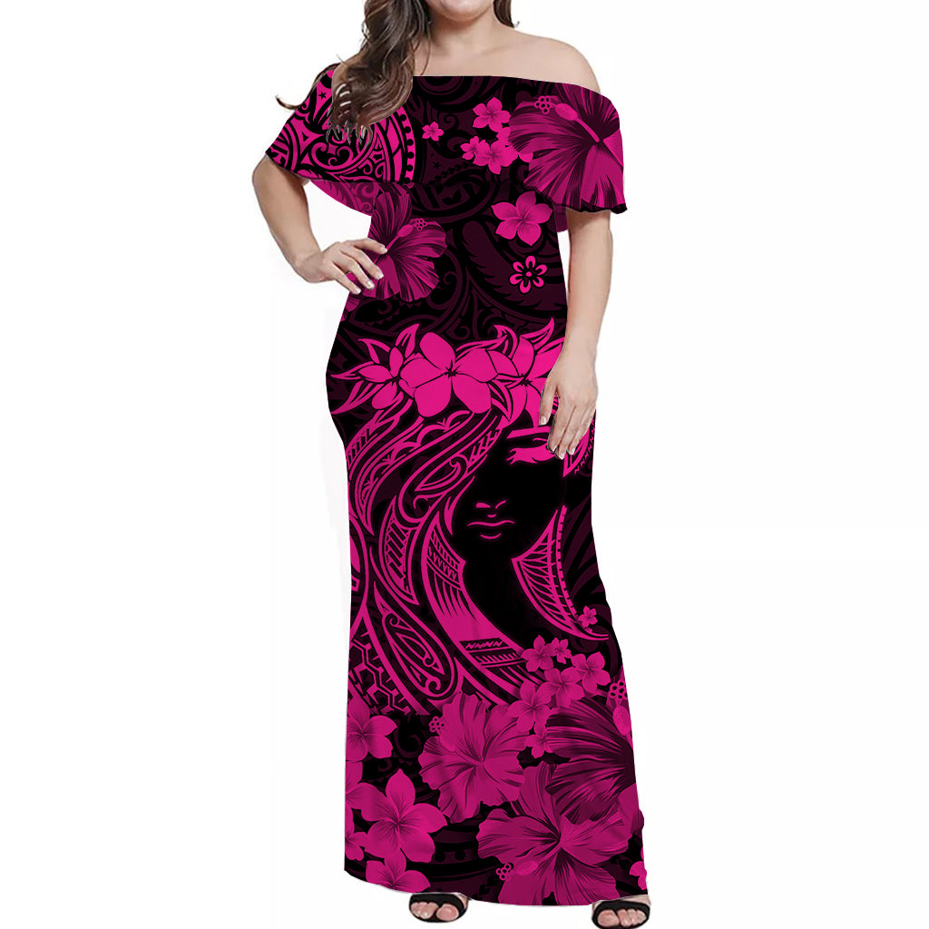 Hawaii Off Shoulder Long Dress Polynesia Pink Attractive Hula Girl
