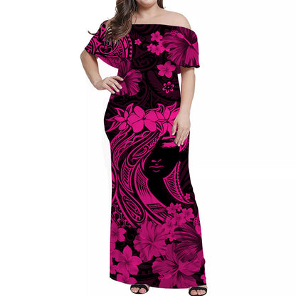 Hawaii Off Shoulder Long Dress Polynesia Pink Attractive Hula Girl