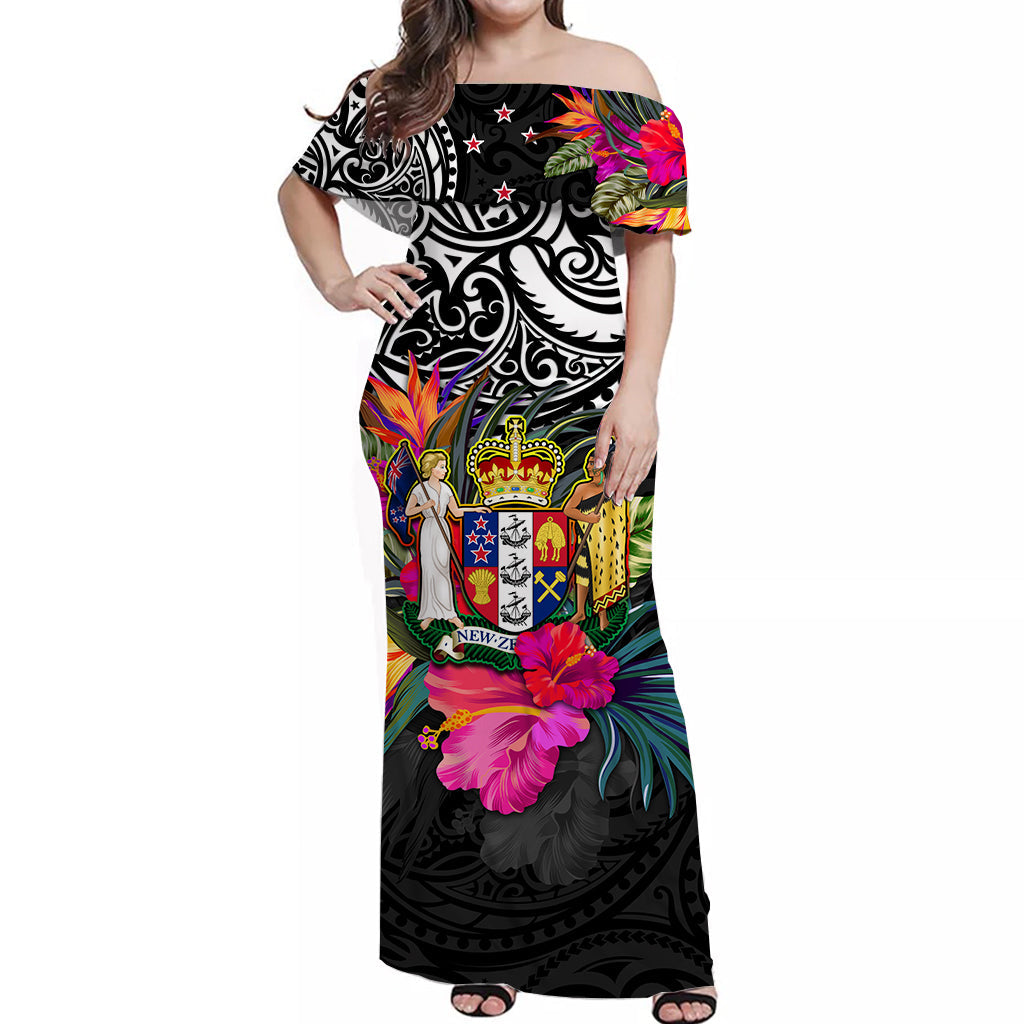 New Zealand Off Shoulder Long Dress Alluring Polynesia and Tropical Flowers