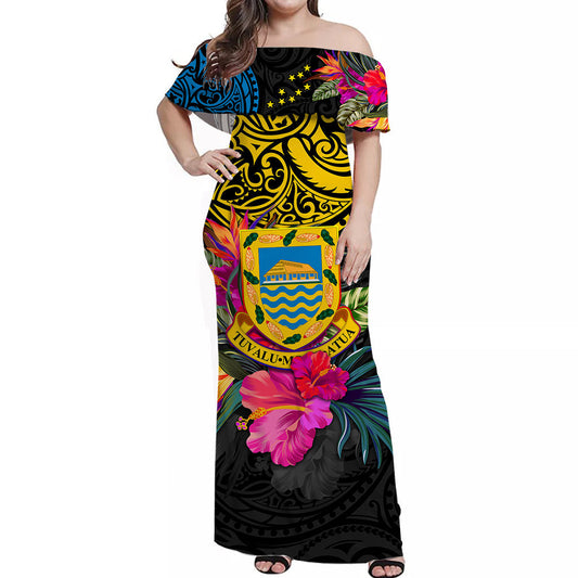 Tuvalu Off Shoulder Long Dress Alluring Polynesia and Tropical Flowers