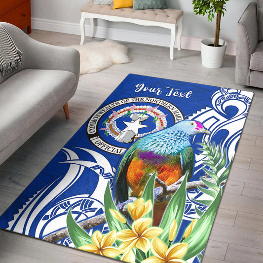 (Custom Personalised) Northern Mariana Islands Area Rug Mariana Fruit Dove Mix Frangipani Flowers Blue
