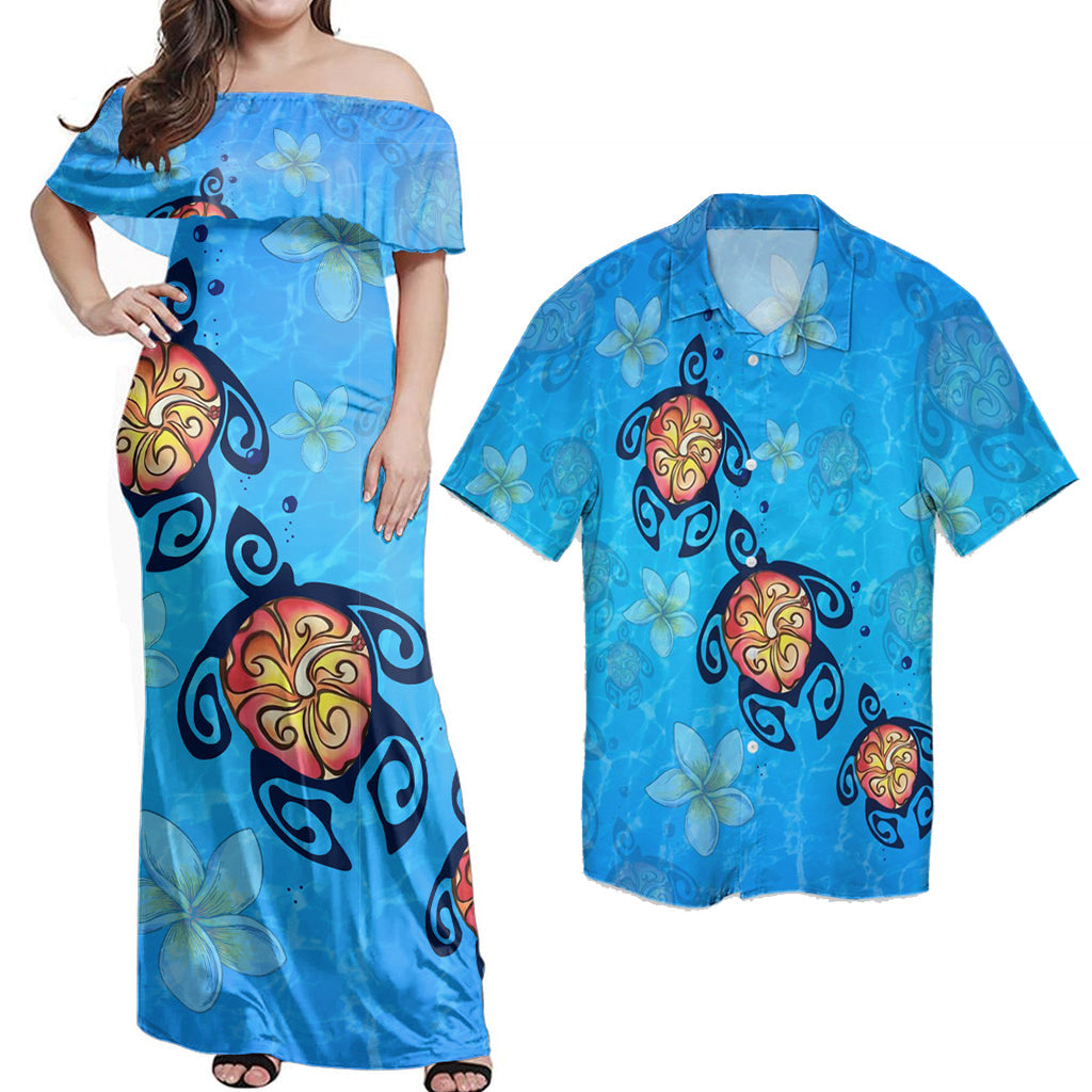 Matching Outfits For Couples Combo Dress And Shirt Hawaii Plumeria Turtle In The Ocean John Style